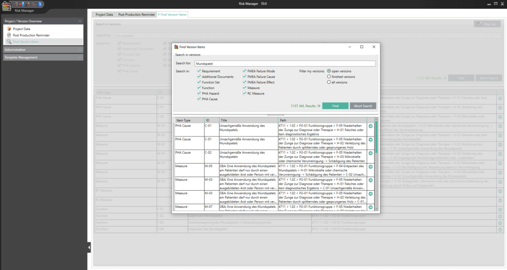 Risk Manager Screenshot Search for version items